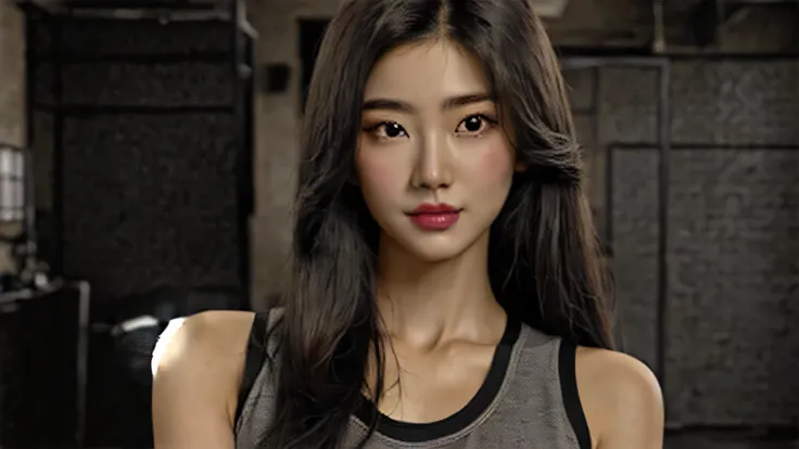  Korean,  Korean facial features, beautiful south Korean women, Realistic beautiful face, photoRealistic beautiful face, Korean women, Realistic artstyle, Jaeyoung Nam, Realistic anime 3 d style, Realistic. Chen Yi, Grey and black tight tank top,8k、