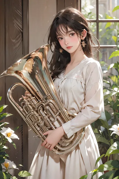 so beautiful, 1 person, (play the euphonium:1.2), alone, (Draw the Euphonium Shape Accurately:1.4)、Standing、(From before)、(A smile that makes everyone around you happy)、Beautiful and fair、Beautiful Skin、Glowing Skin, bright, Refreshing and gentle look, Per...