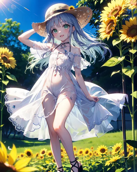 index, index, (Green Eyes:1.5), Silver Hair, Long Hair, (Flat Chest:1.2),smile,Open your mouth,smile,White hat,Off-the-shoulder dress,Short sleeve,Bare shoulders,bare clavicle,Bare neck,mini skirt,Cute heeled sandals,Are standing,True Summer,Clear skies,Da...