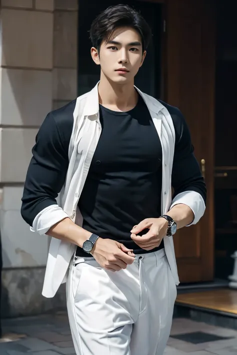 masterpiece, Best quality, realistic, a handsome Thai-Korean guy, big muscles, dressed in a casual yet stylish outfit, wearing a prominently visible wristwatch. The outfit should be modern and elegant, with meticulous attention to detail in both the clothi...