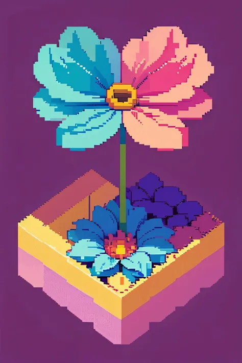 Create a pixel art flower image. The flower must be viewed from top to bottom, like in 2D isometric view games. The flower should have simple details and follow the retro pixel art style., with a vibrant color scheme.