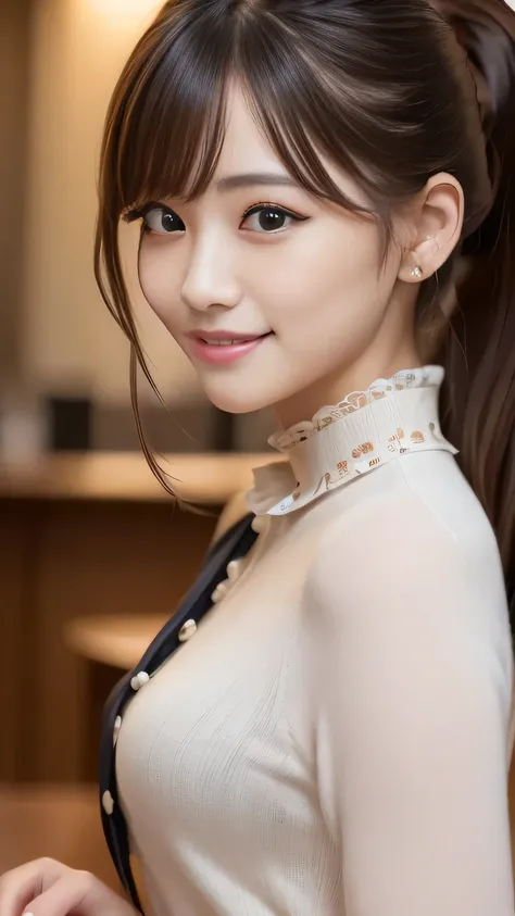 (8k, Highest quality, Genuine、 Ultra-high resolution:1.5),Beautiful Japanese Woman, ((Cute Smile)),（Updo）, (Blouse with a large collar), A side profile peering into this, Close-up shot of face、