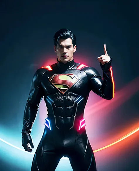 A 4k ultra hd resulation super man black suit in with neon lights cyberpunk futuristic costume cenematic background 