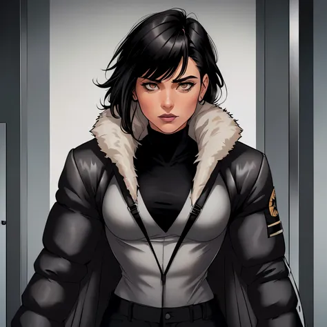 (a Spanish women:1.3), (short black hair, hazel eyes:1.3), tomboy, intimidating looks, sharp chin, (wearing black fur jacket, long sleeves, long pants:1.2), (office hall background:1.4)