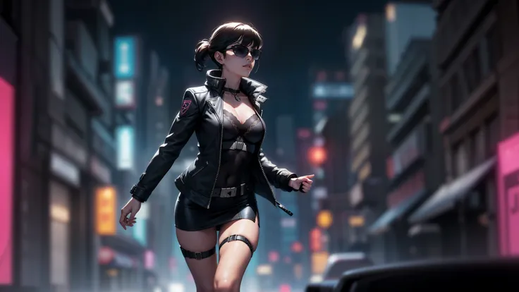 cyberpunk-style city with a nocturnal vibe with Blade Runner-like aesthetic references. At night, (1girl, solo, alone), photorealistic, medium-breast slim:0.6 body, oval:0.5 face, cleavage:1.1, sexy black laced bra, miniskirt, white laced panty, coat, (bla...