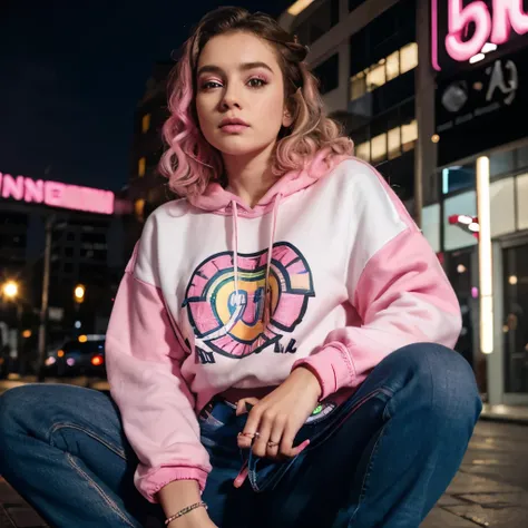  brunette cor de jambo,rainbow eyes ,white curly hair , neon pink LED mascara accessory,baby pink sweatshirt ,top crouped therefore , black jeans pants