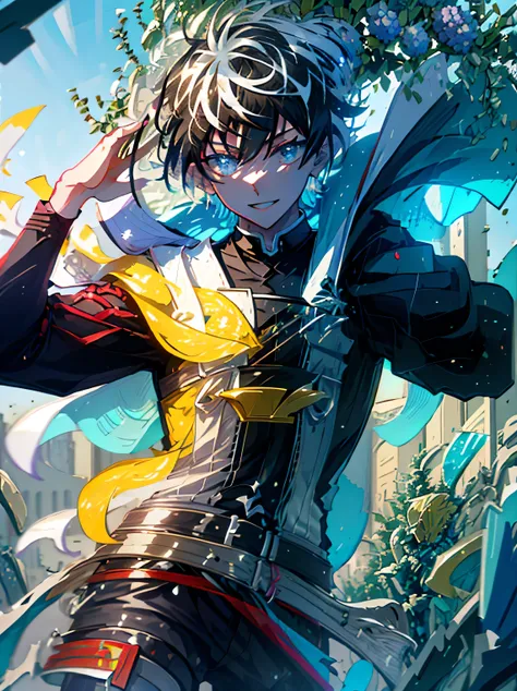 ((absurdres)), hd, uhd, (((HDR))), ((best quality)), (ultra high quality), (hi-res), ((1boy)), solo, alone, ((adult, man)), charlemagne(fate), charlemagne, black hair, blue eyes, multicolored hair, two-tone hair, lips slightly parted, smiling, facing viewe...