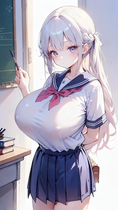 Ultra-high resolution, 8k,high quality,(Ultra-short stature,Gargari body,cowboy shot , ((no hat:1.3))),Slender,Cute hairstyle,(Side angle),(iridescent light,soft shadow,Anime Painting,thin line drawing),((((super enormous cartoon-like tits,school uniform、G...