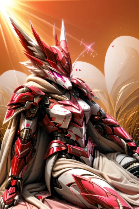 (female) furry white pink Kitsune Technology (thin body)(teil Kitsune)(ear Kitsune) (pink eyes)(animal similar to human)(long fur Technology blanket) (Technology red and white Armor) (holds a sniper energy weapon) (relaxation mood and love mood) (Effect re...