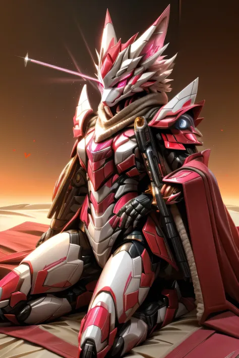 (female) furry white pink Kitsune Technology (thin body)(teil Kitsune)(ear Kitsune) (pink eyes)(animal similar to human)(long fur Technology blanket) (Technology red and white Armor) (holds a sniper energy weapon) (relaxation mood and love mood) (Effect re...