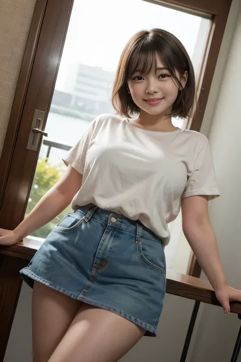 highest quality, masterpiece, Ultra-high resolution, (Reality: 1.4), Original photo, 1 woman, mature, happy smile, short hair, plump body, , Cinema Lighting, from below, ゆったりとした白のワイシャツ, sunset, cowboy shot、High school girls after school,skirtlift:1.4