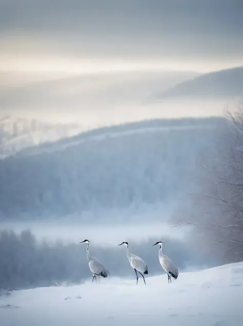 Three birds walking in the snow near a tree and a hill, cranes, Birds in the distance, Nature documentary stills, crane, japanese crane bird in center, 5 0 0 px trend, trending on 500px, A still from a nature documentary, Beautiful snowy scenery, Gentle an...