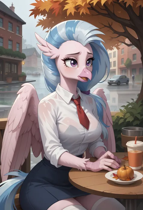 score_9, score_8_up, score_7_up, score_6_up, score_5_up, score_4_up, 1girl, solo, anthro, Silverstream from my little pony, show accurate my little pony, wings, deep neckline, middle breasts, wide hips, tail, looking up at viewer, hippogriff, beak, autumn,...