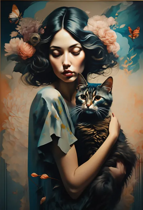(Sensual illustration chiaroscuro), Illustration art, By Irina Kapi. Surrealism, Vintage Abstraction, woman holding a cat、(Smiling woman painting:1.2), Super detailed、Drunk woman, Highest quality, masterpiece, Painting, Concept Art, Emotional, Atmospheric,...