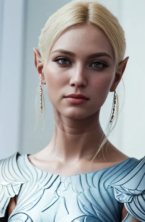 mintara is a beautiful blonde, sexy glamorous elf girl, 20 years old, mintara hairstyle, mintara hair color, large expressive bl...