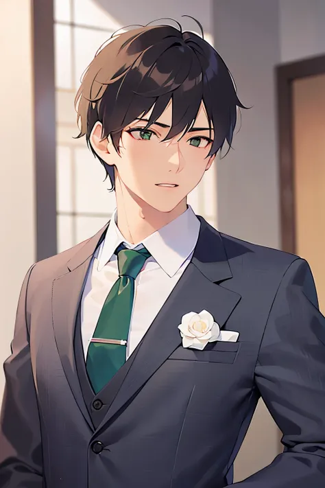 Upper Body, Side shot、
shiny skin, masterpiece、Highest quality、
BREAKld male:1.5) and (Brown short hair) and (Green Eyes)BREAK
 BREAK (Wearing a suit:1.5) and (Green tie:1.2)BREAK
worried,open mouth,The background is the conference room、(alone:1.5)