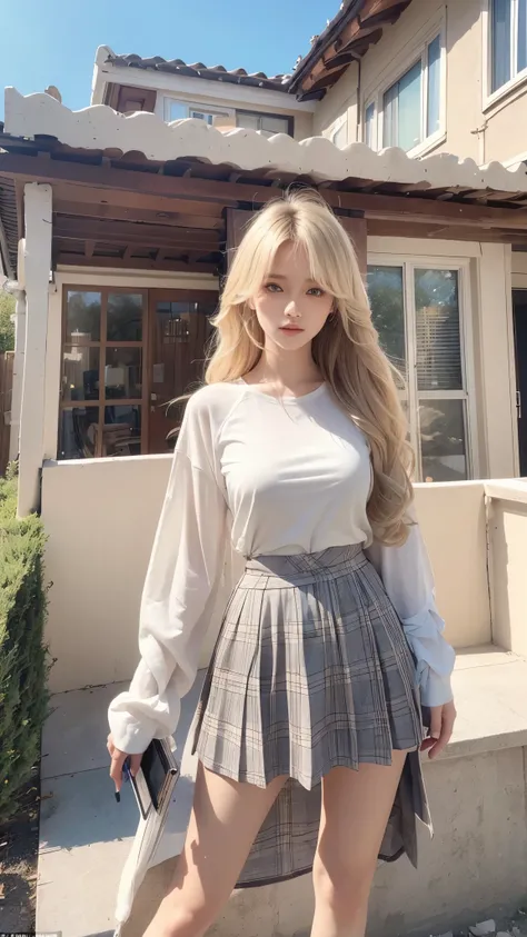 breathtaking a woman in a skirt is posing for a picture outside of a house with her hair blowing in the wind, Anna Katharina Block, blonde hair, a polaroid photo, superflat . award-winning, professional, highly detailed