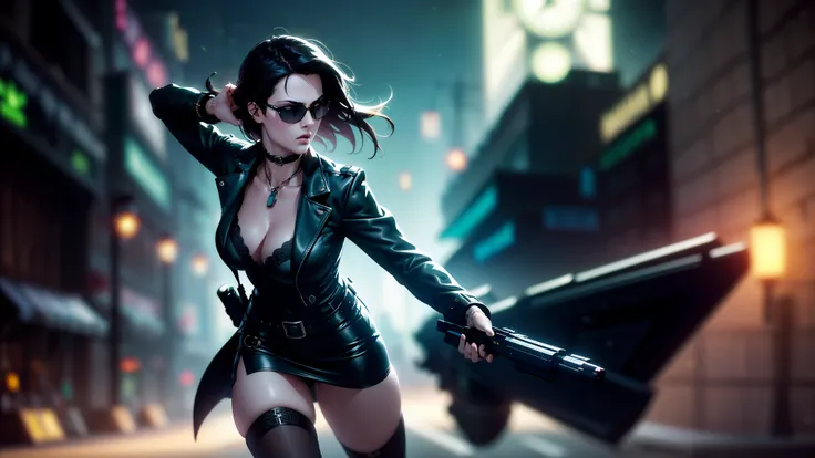 cyberpunk-style city with a nocturnal vibe with Matrix-like aesthetic references, glowing huge clock tower as time machine, green glowing cascading code. At night, (1girl, solo, alone), photorealistic, medium-breast slim:0.6 body, oval:0.5 face, cleavage:1...