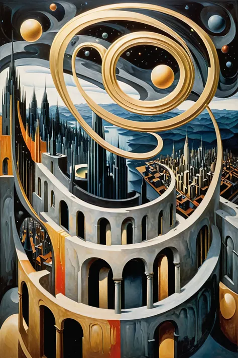 d3qck artstyle,style of Edvard Munch,art by escher,Gerald Brom,In a world where geometry reigns supreme, cityscapes reveal a riot of multicolored imagery. Skyscrapers, composed of interconnected shapes - triangles, circles, squares - each in a different vi...