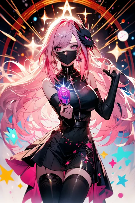 (masterpiece), best quality, 1 girl, bright pink hair, multi-colored hair, Red Star eyes, holding a mask, space theme, Dark particles, wallpaper, Clerical Black Cope Vestment Chasuble, Warped Evilness expressions , Cosmic horror , Anime , HD , Demon Lord