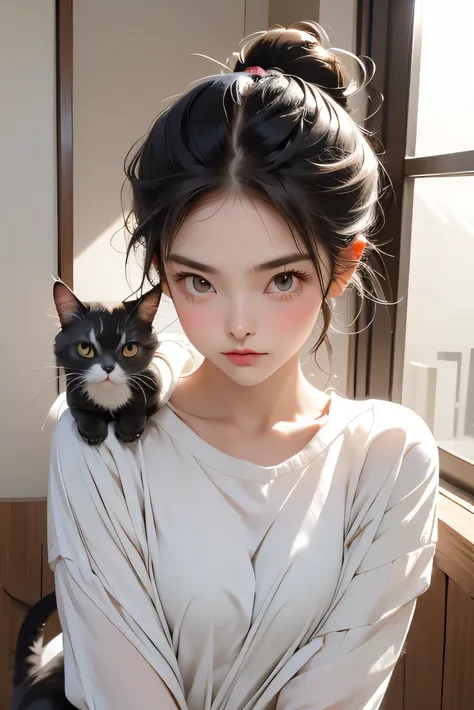 highest quality、black catを抱く、cute、bun hair with brown hair tied、black cat、natural look、long shot、natural light