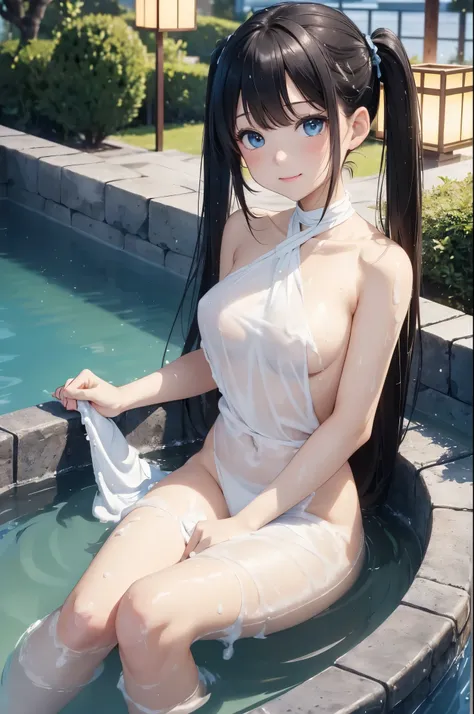 ((masterpiece)), ((highest quality、Ultra high definition)), (Very detailed),((8k、Photo quality))、((Amazingly cute girl))、(1 girl,)、Two people, , (Beautiful emerald blue eyes), ((smile)),((Ultra-luxury Japanese-style inn in Japan、A large open-air rock bath)...