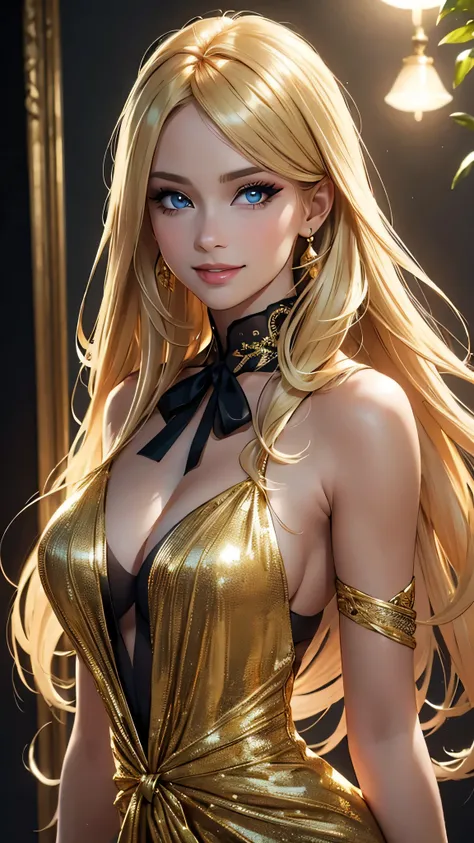 (best quality,ultra-detailed,photo-realistic:1.37),bright and vibrant colors,studio lighting,playful expression,stylish makeup,long blonde hair,alluring eyes,glossy lips,sexy pose,  A gold dress encircling the neck with a black ribbons , smiling in a confi...