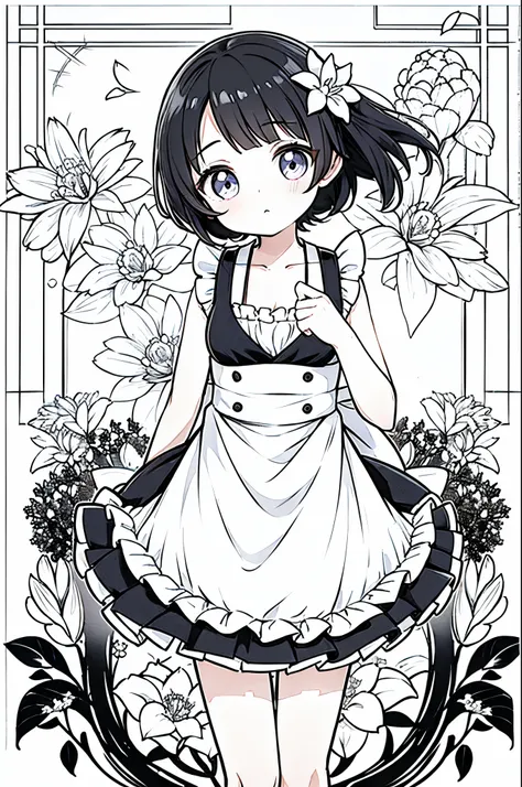 Black and white stick figure 1 with river lily flowers in the background, girl in floral dress, Anime characters (big) White apron and black hair, Fleet Series Style, Pixiv 3DCG, Ahegao, cushart krenz, Anime Moe Art Style, From the Azure Root video game, B...