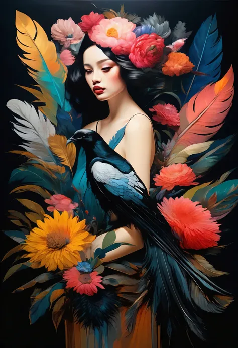 (Sensual illustration chiaroscuro), Illustration art, By Irina Kapi. Surrealism, Vintage Abstraction,  (Girl with black wings), (Painting of a girl flying in the sky:1.2), Esbian all over body、Woman with black feathers, Big feather、Colorful flower garden b...