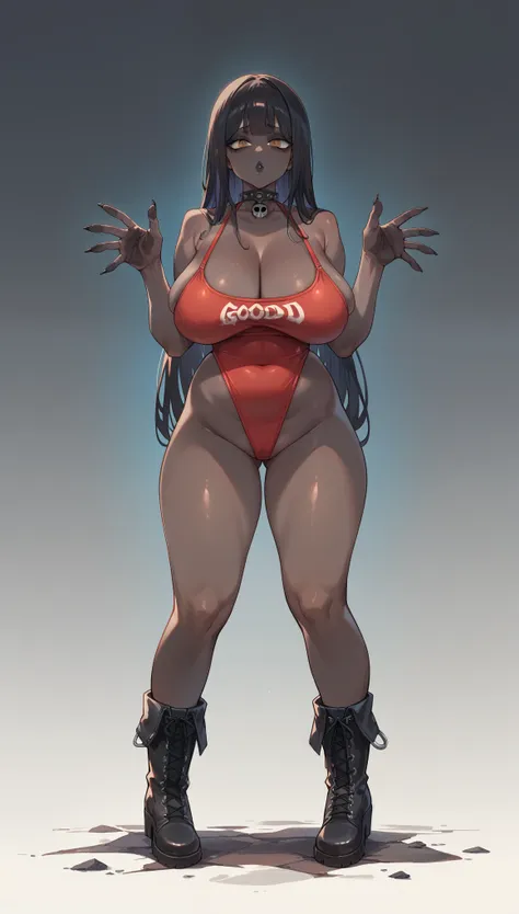 goth noir (nod)  wearing a red swimsuit black skin full body very very big  delicious breasts big sagging breasts boots. good ha...