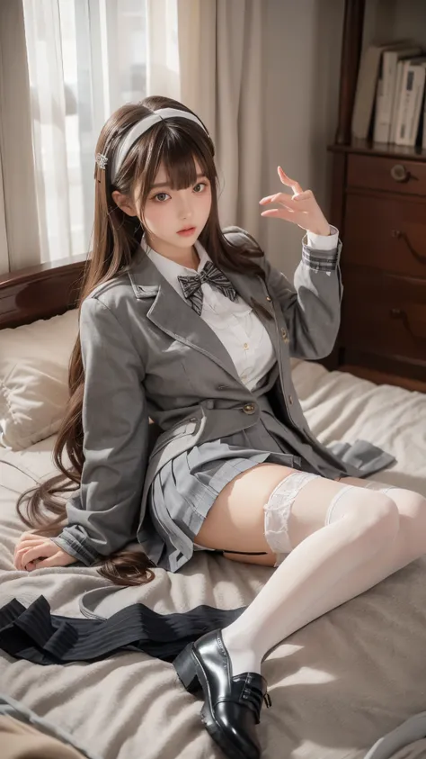 on bed futsumashoujocharlotte, large breasts, long hair,  blunt bangs, brown hair, grey eyes, school uniform, garter straps, ple...