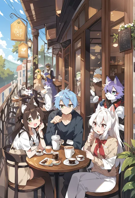 rating_safe, score_9, score_8_up, score_7_up, score_6_up, score_5_up, score_4_up, hires, source_furry(kemono, boy, girl)cafe Terrace, drink, coffee, staff,