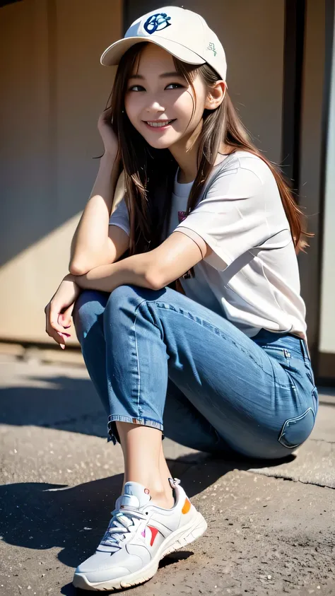 (Highest quality, 8k, 32K, masterpiece, Ultra-high resolution: 1.2), 1 person, Beautiful Japanese Women,（Teenage models）,（Fashion Portrait）,Damaged Denim Wide Pants, White cropped top,Beige baseball hat,White sneakers, (Cute pose: 1.2), Beautiful Face, (Sm...