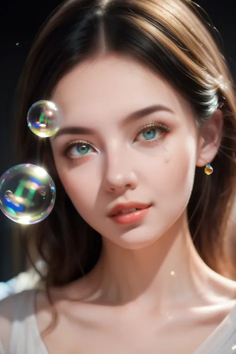 (best quality, masterpiece: 1.1), 1girl launches soap bubbles, exquisite facial details, complex illustrations, dynamic improvis...