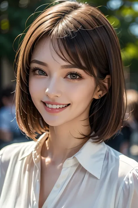 ((masterpiece)), ((Highest quality)), ((Complex)), ((Surreal)), (Realistic), (Mature Woman), ((No classes)), Very detailed, (1 female), Beautiful and exquisite, (Beautiful Teeth), Grin, Brunette bob hair, Brown eyes, ((blouse)), (Upper Body), (background:n...