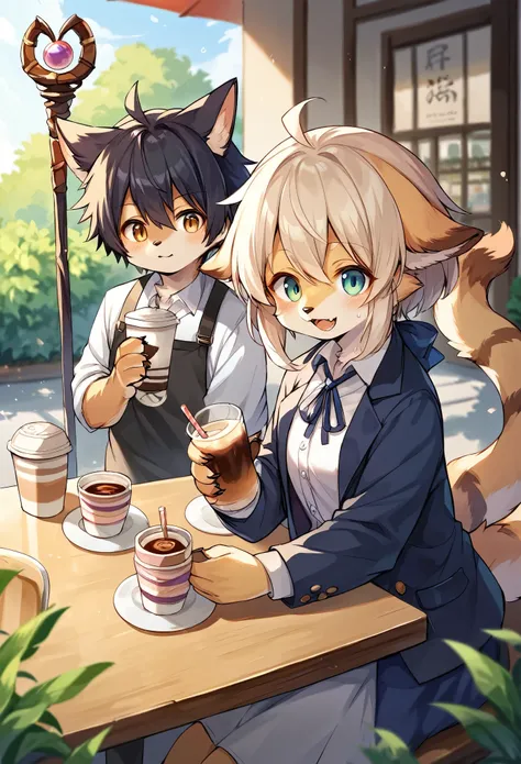 rating_safe, score_9, score_8_up, score_7_up, score_6_up, score_5_up, score_4_up, hires, source_furry(kemono, boy, girl)cafe Terrace, drink, coffee, staff,