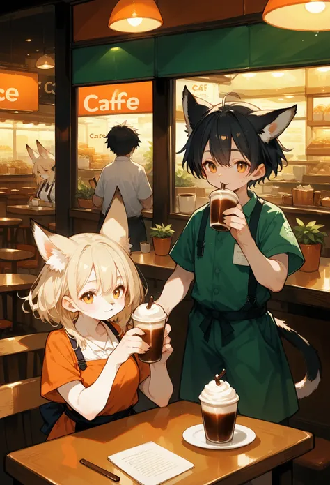 rating_safe, score_9, score_8_up, score_7_up, score_6_up, score_5_up, score_4_up, hires, source_furry(kemono, boy, girl)cafe Terrace, drink, coffee, staff,