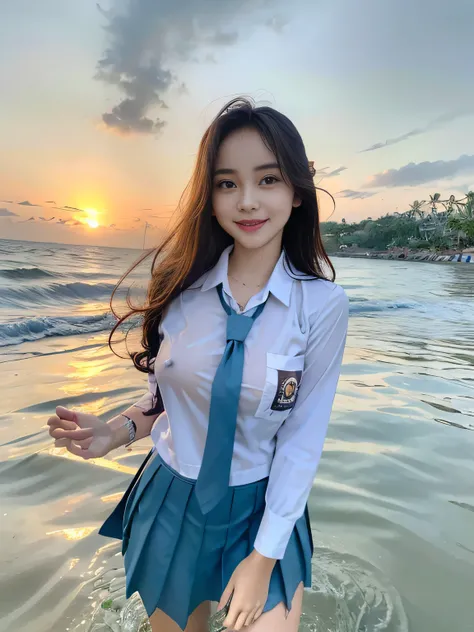 20 yo Indonesian girls in school uniforms playing in the water, at the beach, sunset, twilight hour, magic hour, wet sand, waves, long sleeves, 2 girls, (cardigan), ((loose tie)), ((pleated skirt)), closeup fantasy with water magic, beautiful maidens, play...