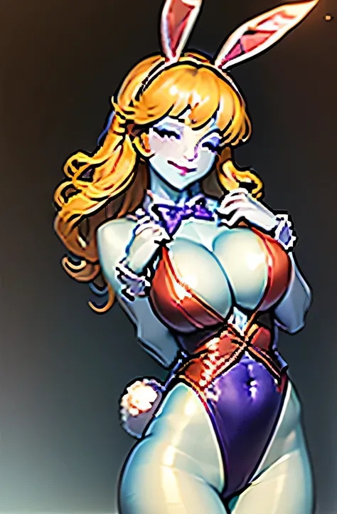  ((masterpiece,Highest quality,Very delicate,Perfect Face,16K,High resolution,Very beautiful woman)),(Blue Skin:1.2,Red sleeveless jacket),,Purple panties,Bunny ears,Large Breasts,Purple bow tie,Long golden hair,smile,Are standing