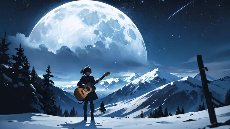 "A silhouette of a person playing a guitar against the backdrop of a mountain at night. A full moon rises behind the mountains, with the wind quietly rustling through the trees. Stars twinkle in the sky, and the silhouette of the mountains is outlined in b...