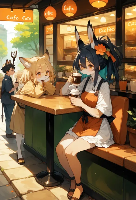 rating_safe, score_9, score_8_up, score_7_up, score_6_up, score_5_up, score_4_up, hires, source_furry(kemono, boy, girl)cafe Terrace, drink, coffee, staff,