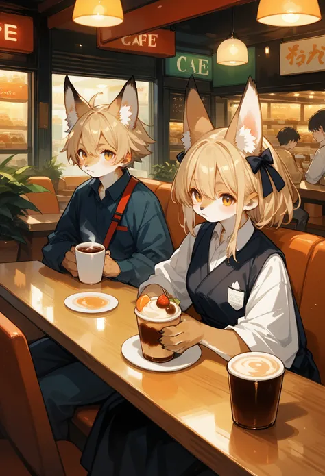 rating_safe, score_9, score_8_up, score_7_up, score_6_up, score_5_up, score_4_up, hires, source_furry(kemono, boy, girl)cafe Terrace, drink, coffee, staff,