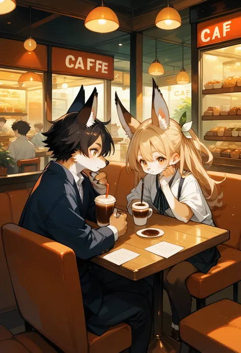 rating_safe, score_9, score_8_up, score_7_up, score_6_up, score_5_up, score_4_up, hires, source_furry(kemono, boy, girl)cafe Terrace, drink, coffee, staff,