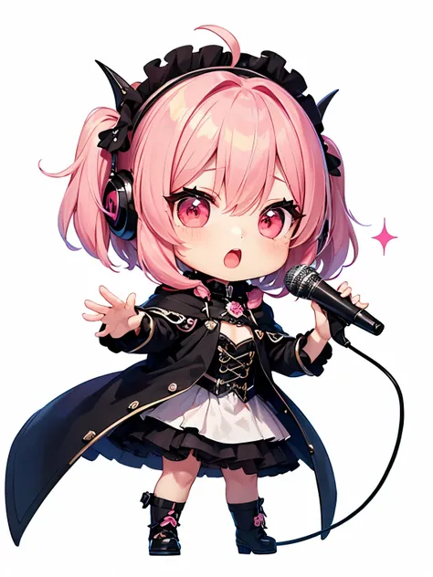 Cool fantasy background、Pink haired chibi character with a two-headed body、(((Metal band vocalist)))、Singing and playing the synthesizer、Pink-haired chibi character、(((A pink-haired chibi character singing an intense song)))、(((A vocalist with visual kei m...