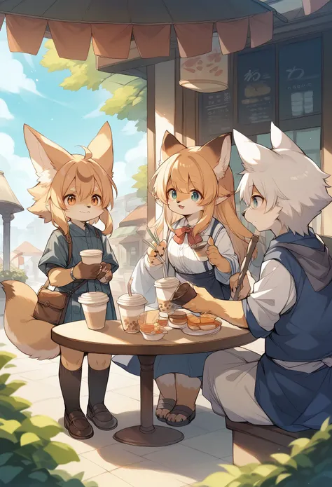 rating_safe, score_9, score_8_up, score_7_up, score_6_up, score_5_up, score_4_up, hires, source_furry(kemono, boy, girl)cafe Terrace, drink, coffee, staff,