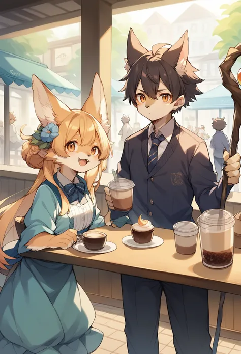 rating_safe, score_9, score_8_up, score_7_up, score_6_up, score_5_up, score_4_up, hires, source_furry(kemono, boy, girl)cafe Terrace, drink, coffee, staff,