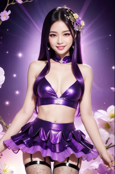 sexy Thai model who controls poison、beautiful smile、lipgloss、intense makeup、look at the camera、full body Esbian、、sparkling poisoned flower costume (purple)、、、、shiny sparkling multicolor hair、secrete poison、skull hair accessories、fishnet tights、shiny sparkl...