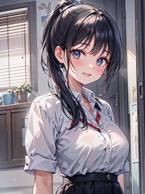 Black Hair、woman、Long Ponytail、White Shirt、uniform、smile、G Cup