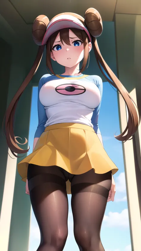 Rosa, Rosa, Brown Hair, Double Bang, doughnut Hair Bun, Hair Bun, blue eyes, Hair between the eyes, Twin tails, Large Breasts, Open your mouth,
break pantyhose, (Pantyhose under shorts), Raglan sleeves, skirt, (yellow skirt), White shirt, Blue Sleeve, Long...