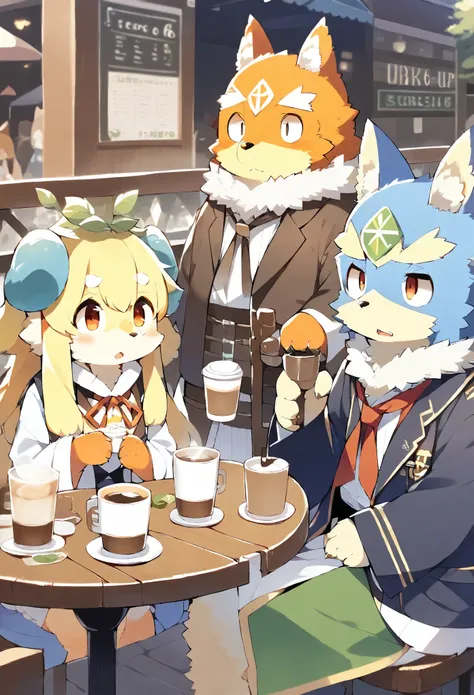 rating_safe, score_9, score_8_up, score_7_up, score_6_up, score_5_up, score_4_up, hires, source_furry(kemono, boy, girl)cafe Terrace, drink, coffee, staff,